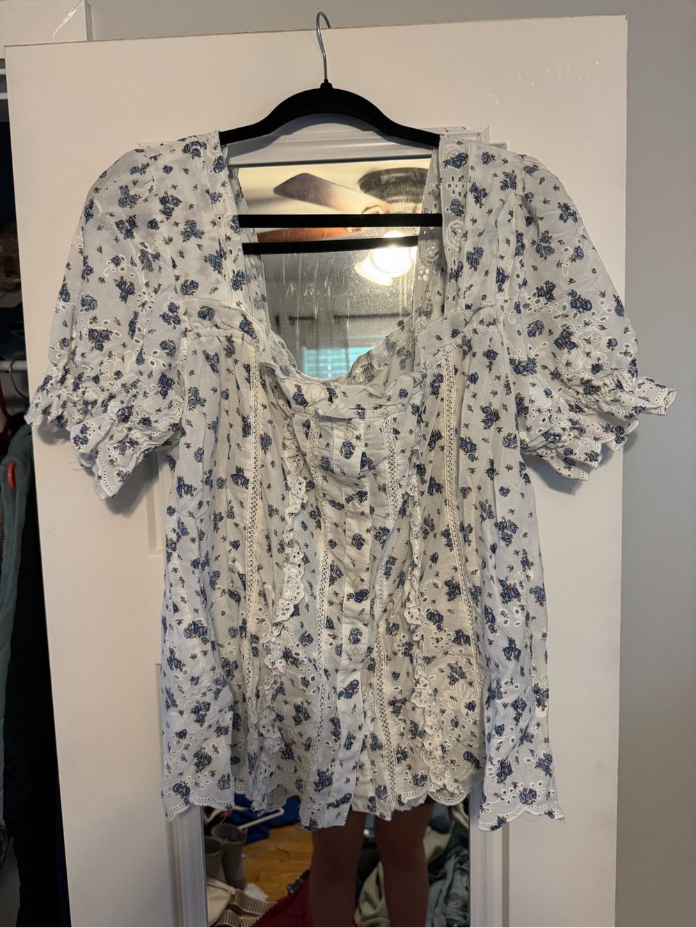 Anthropologie White Blouse with Blue Floral Print and Puff Sleeves